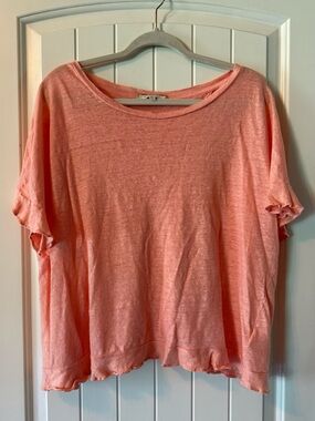 Eri & Ali Relaxed Coral Short Sleeve Ruffle-Hem Open Back Top Linen